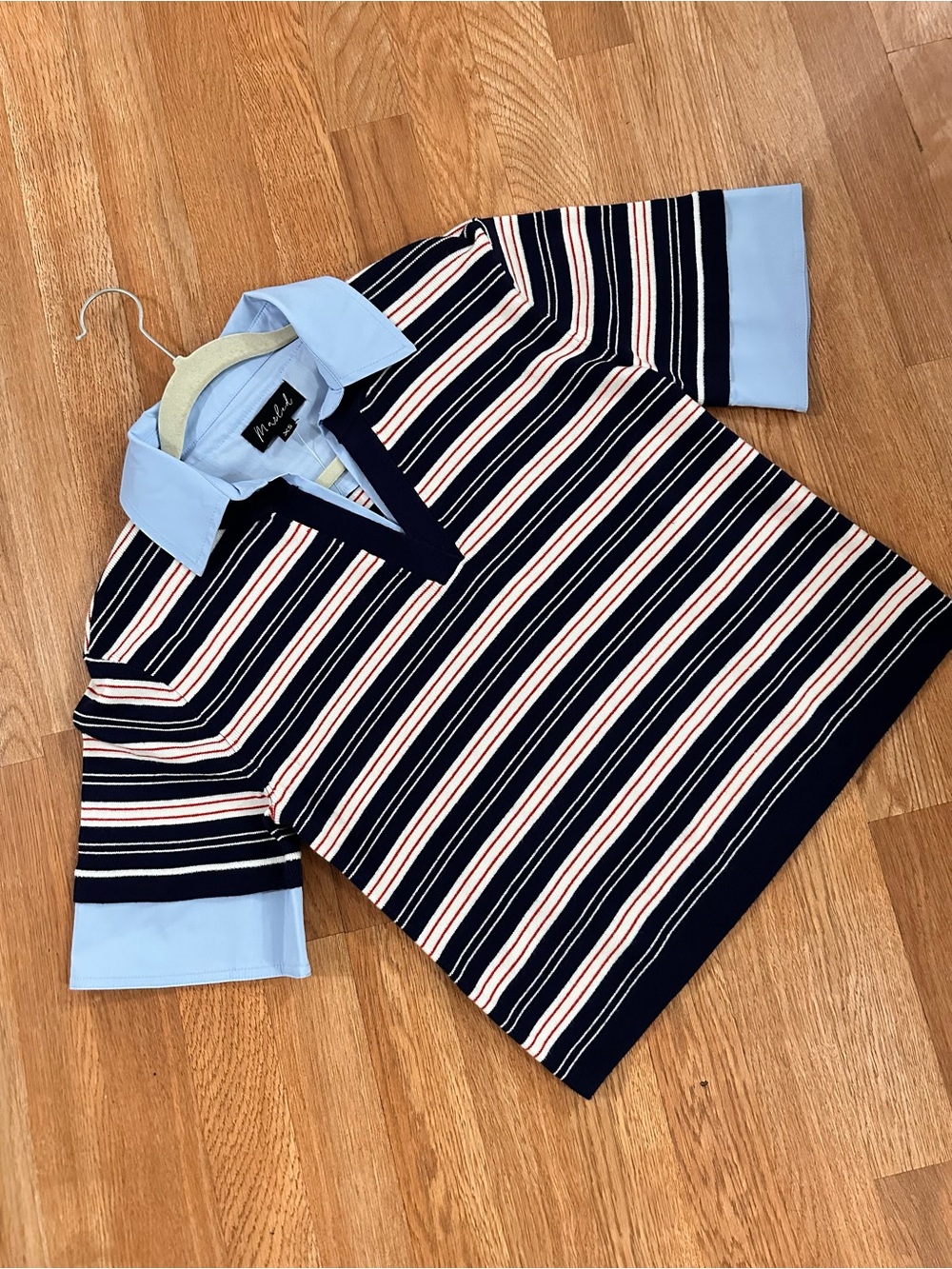 Marled Navy, Light Blue & White Striped Polo-Style Blouse